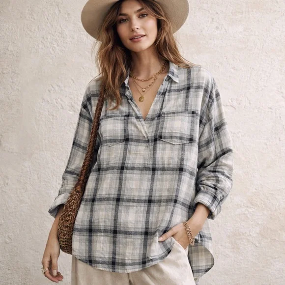 POL Oversized Black and Gray Plaid Button-Down High Low Tunic Top Size Small - Picture 1 of 8